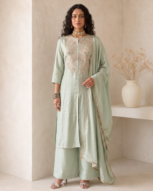 A woman models a sage green traditional Indian outfit with beige embroidery, matching wide-leg trousers, and a sheer dupatta draped over her arm, set against a warm beige background with a decorative vase.