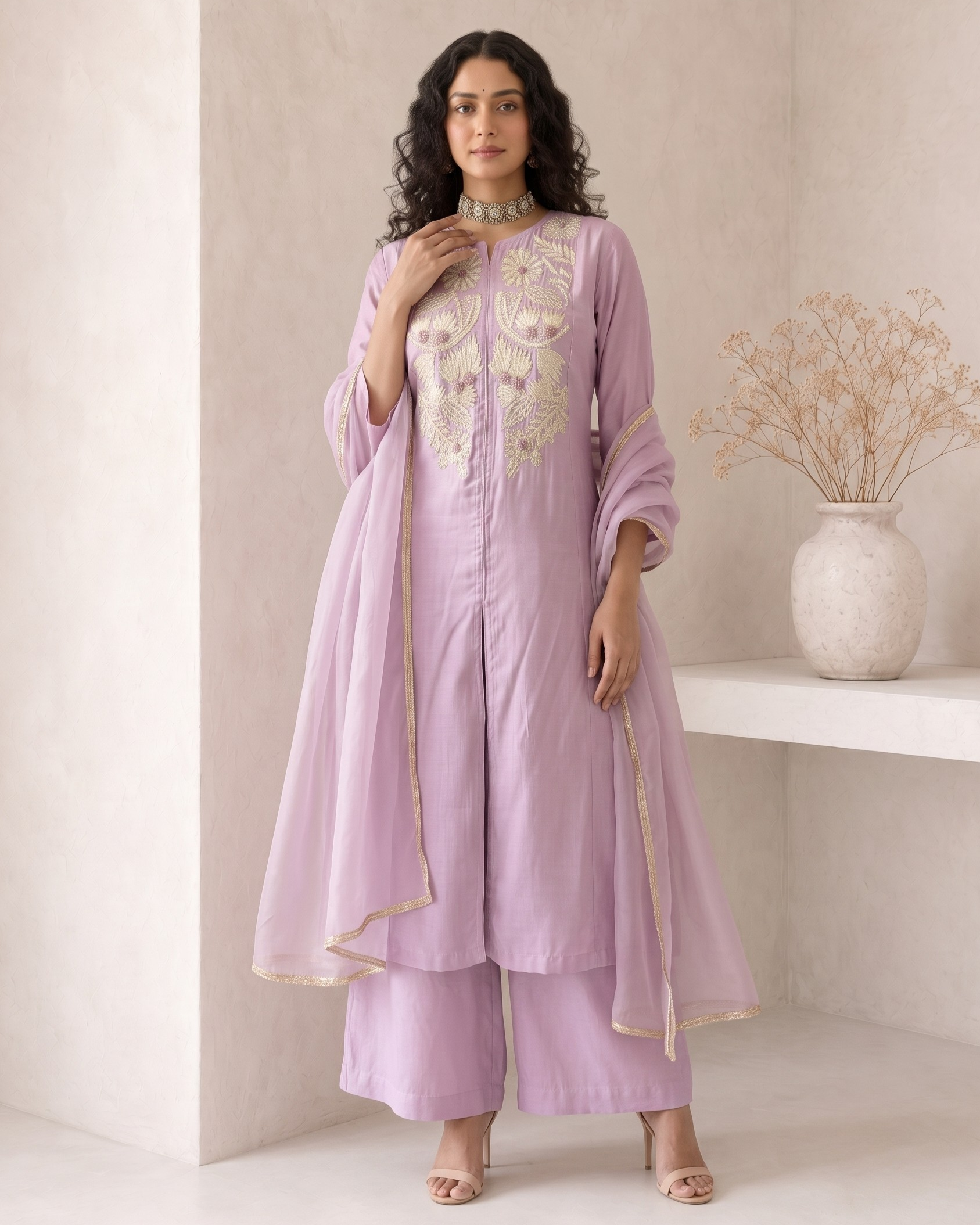 A woman models a lavender purple traditional Indian outfit consisting of a kurta with cream embroidery, matching wide-leg pants, and a sheer dupatta, set against a minimalist beige wall with a decorative vase.