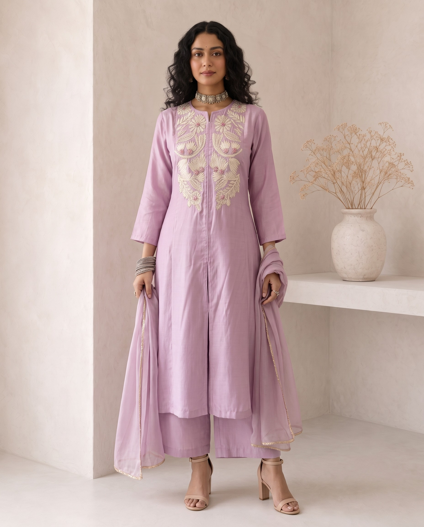 A woman models a lavender purple three-piece Indian ethnic suit set, featuring a long kurta with cream embroidery on the chest, matching trousers, and a sheer dupatta, set against a minimalist beige wall with a decorative vase.