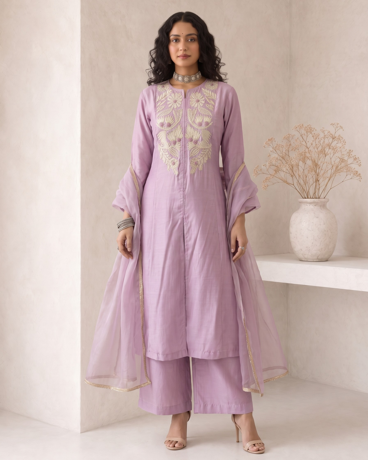 A woman stands indoors wearing a lavender traditional outfit with gold embroidery on the chest, matching pants, and a sheer draped scarf with gold trim. The background is a warm beige wall with a shelf holding a vase of dried branches.