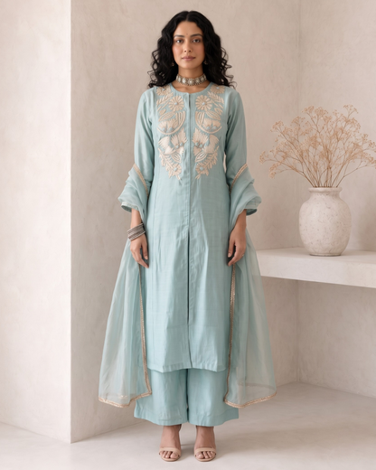 A woman models a light blue-green traditional Indian salwar kameez suit with beige floral embroidery on the chest, paired with matching trousers and a sheer dupatta, set against a minimalist beige wall with a decorative vase.