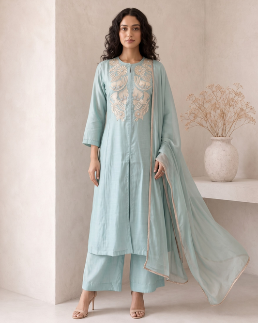 A woman models a light blue-green traditional Indian salwar kameez suit with beige embroidery on the chest, matching trousers, and a sheer dupatta with beige border trim, set against a neutral beige wall with a decorative vase.