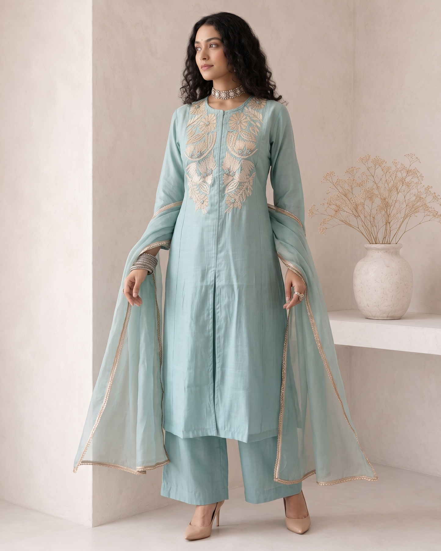 A woman models a light blue-green traditional Indian outfit with beige embroidery on the chest, matching wide-leg pants, and a sheer dupatta draped over her arms, set against a minimalist beige wall with a decorative vase.