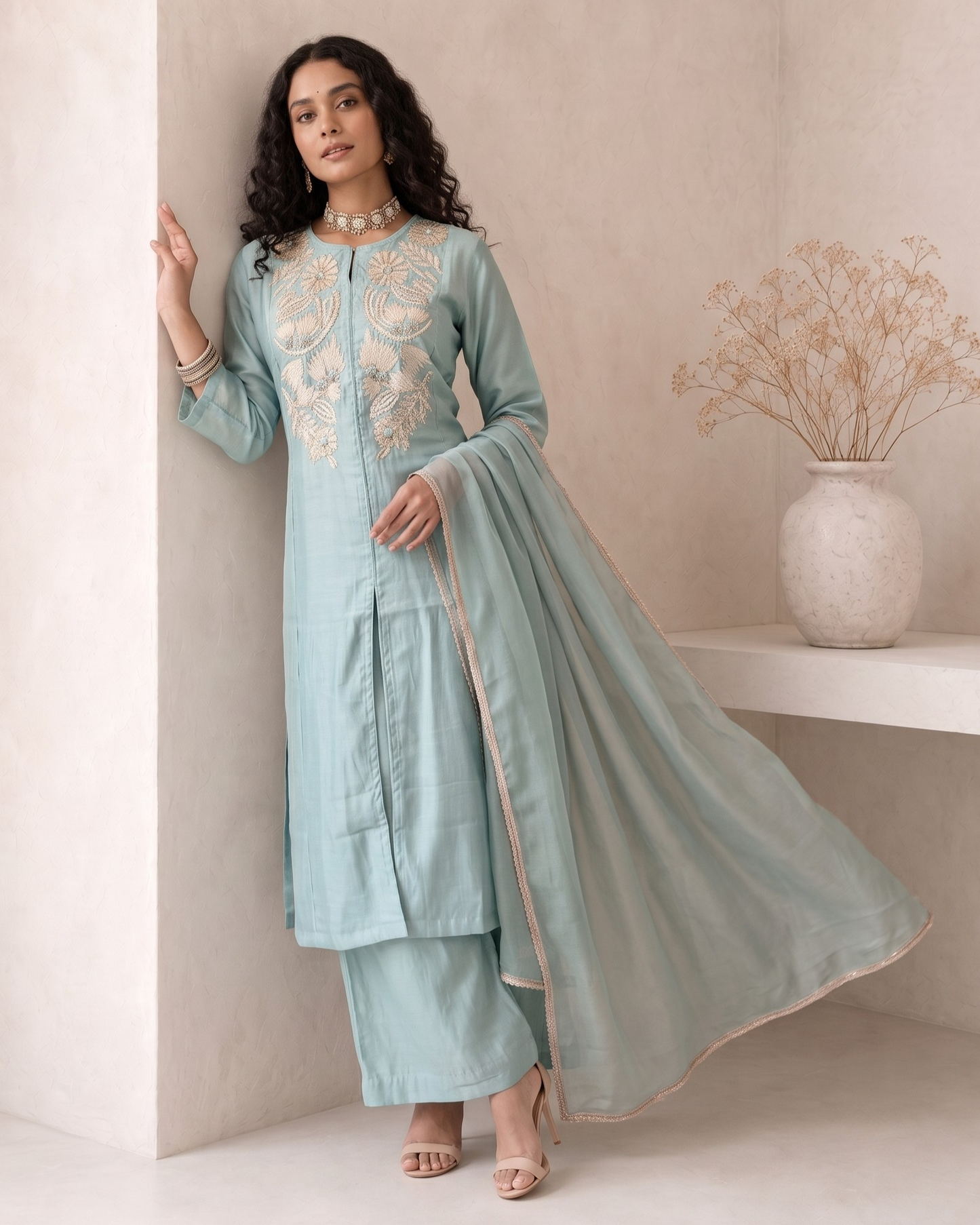 A woman models a light blue-green traditional Indian salwar kameez suit with beige embroidery on the chest, paired with matching trousers and a sheer dupatta, set against a warm beige wall with a decorative vase.