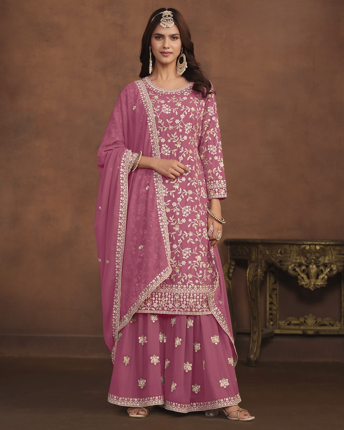 Pink Faux Georgette Sharara Suit With Kameez And Dupatta For Indian & Pakistani Wedding Festival - Thread Sequence Work