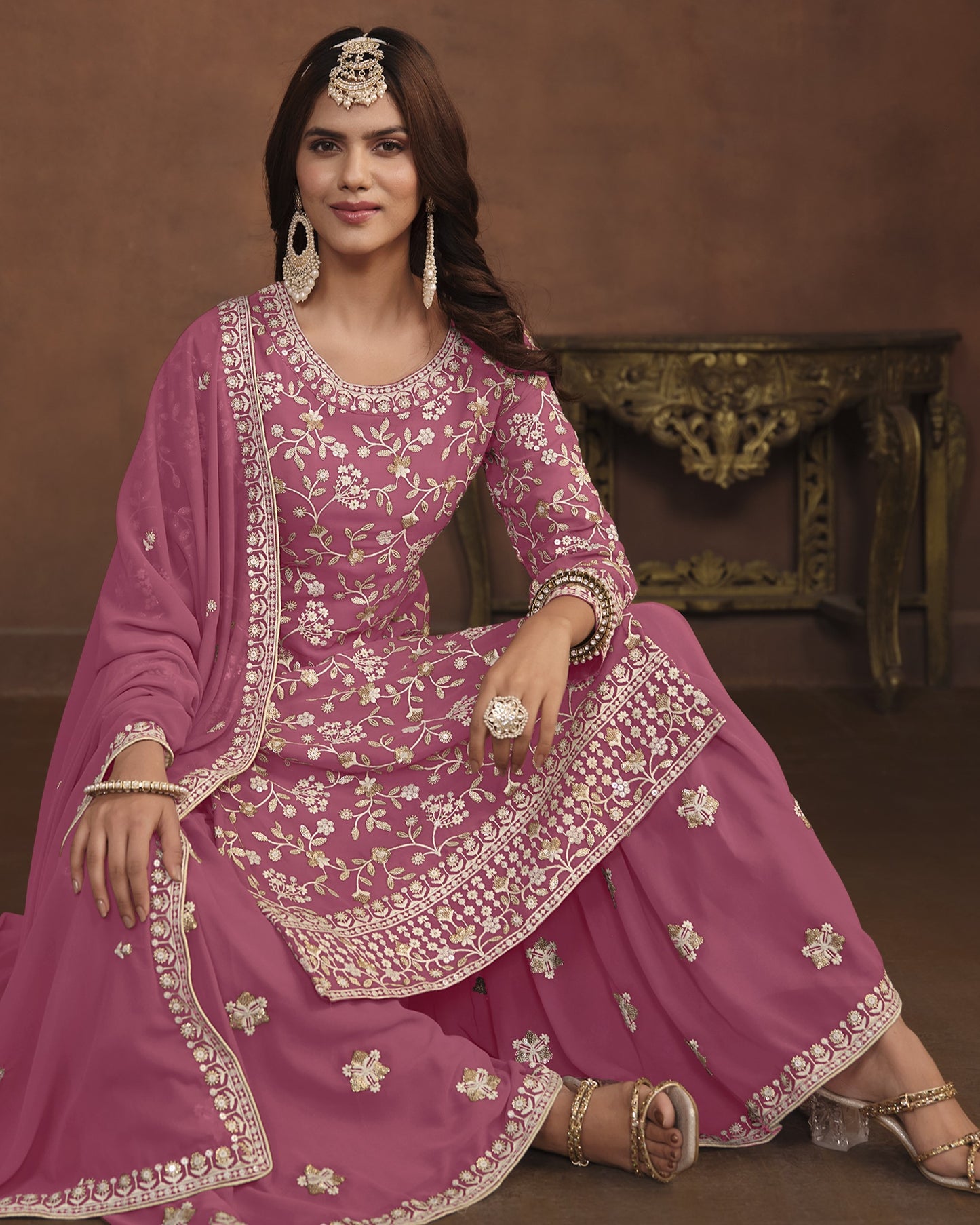 Pink Faux Georgette Sharara Suit With Kameez And Dupatta For Indian & Pakistani Wedding Festival - Thread Sequence Work