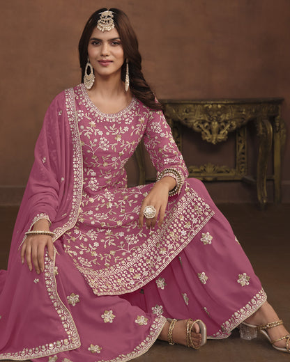 Pink Faux Georgette Sharara Suit With Kameez And Dupatta For Indian & Pakistani Wedding Festival - Thread Sequence Work