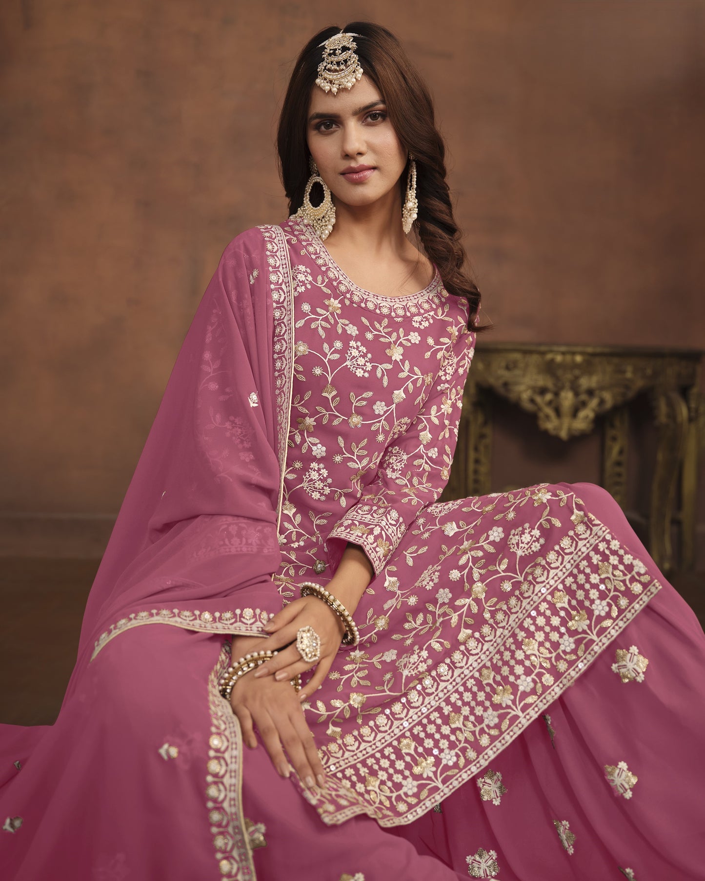 Pink Faux Georgette Sharara Suit With Kameez And Dupatta For Indian & Pakistani Wedding Festival - Thread Sequence Work
