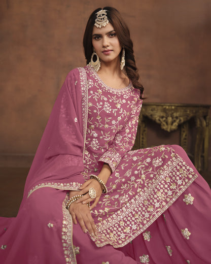 Pink Faux Georgette Sharara Suit With Kameez And Dupatta For Indian & Pakistani Wedding Festival - Thread Sequence Work