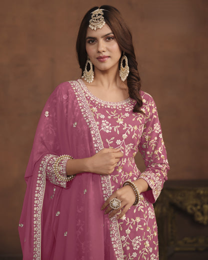 Pink Faux Georgette Sharara Suit With Kameez And Dupatta For Indian & Pakistani Wedding Festival - Thread Sequence Work