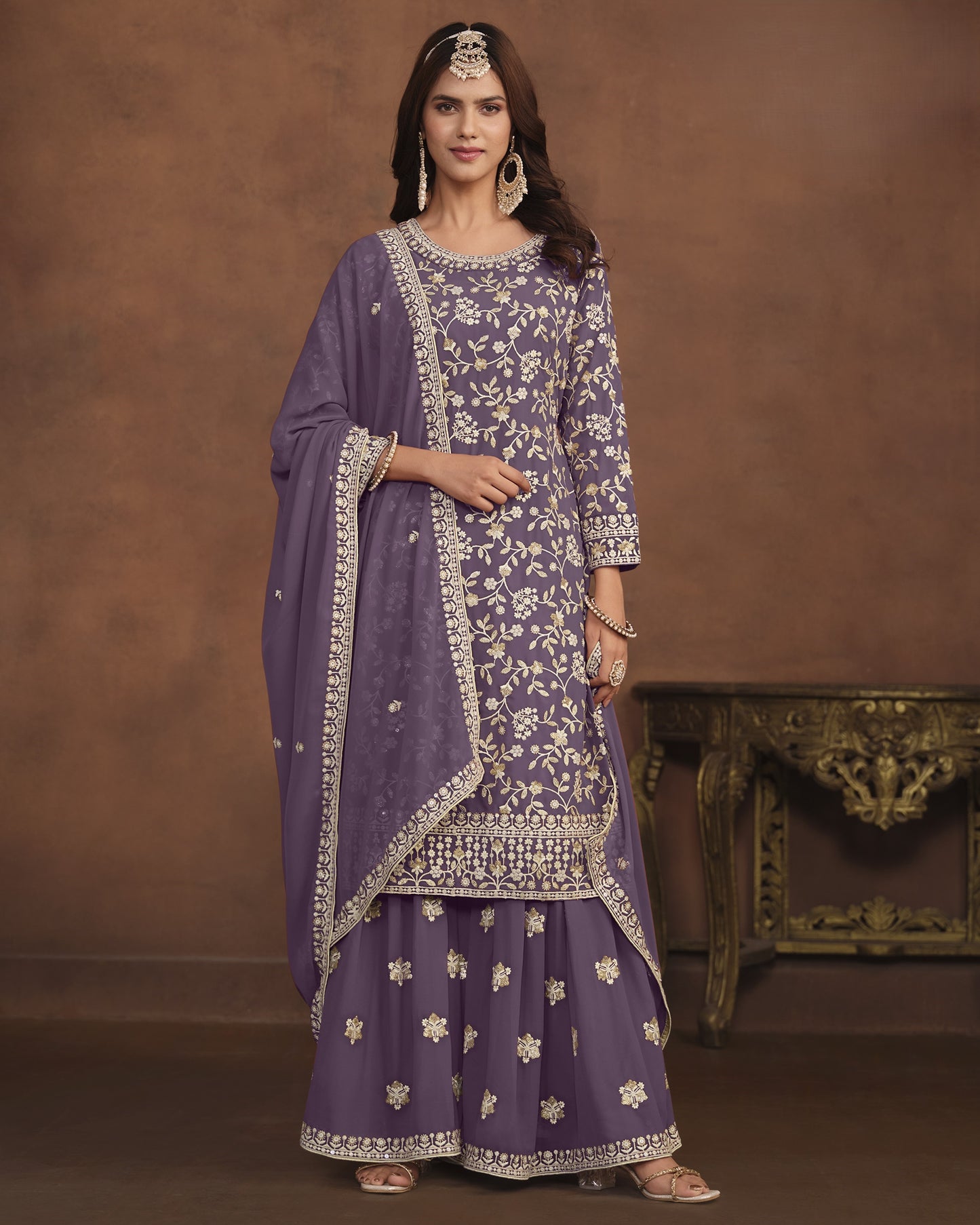 Purple Faux Georgette Sharara Suit With Kameez And Dupatta For Indian & Pakistani Wedding Festival - Thread Sequence Work