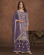 Purple Faux Georgette Sharara Suit With Kameez And Dupatta For Indian & Pakistani Wedding Festival - Thread Sequence Work