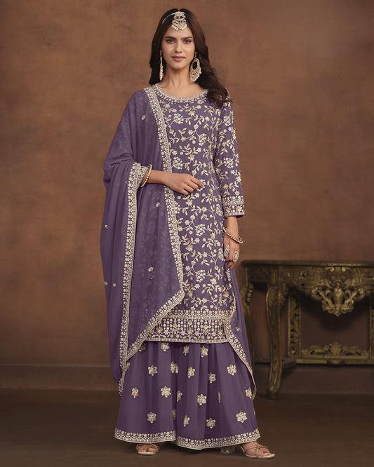 Purple Faux Georgette Sharara Suit With Kameez And Dupatta For Indian & Pakistani Wedding Festival - Thread Sequence Work