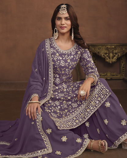 Purple Faux Georgette Sharara Suit With Kameez And Dupatta For Indian & Pakistani Wedding Festival - Thread Sequence Work