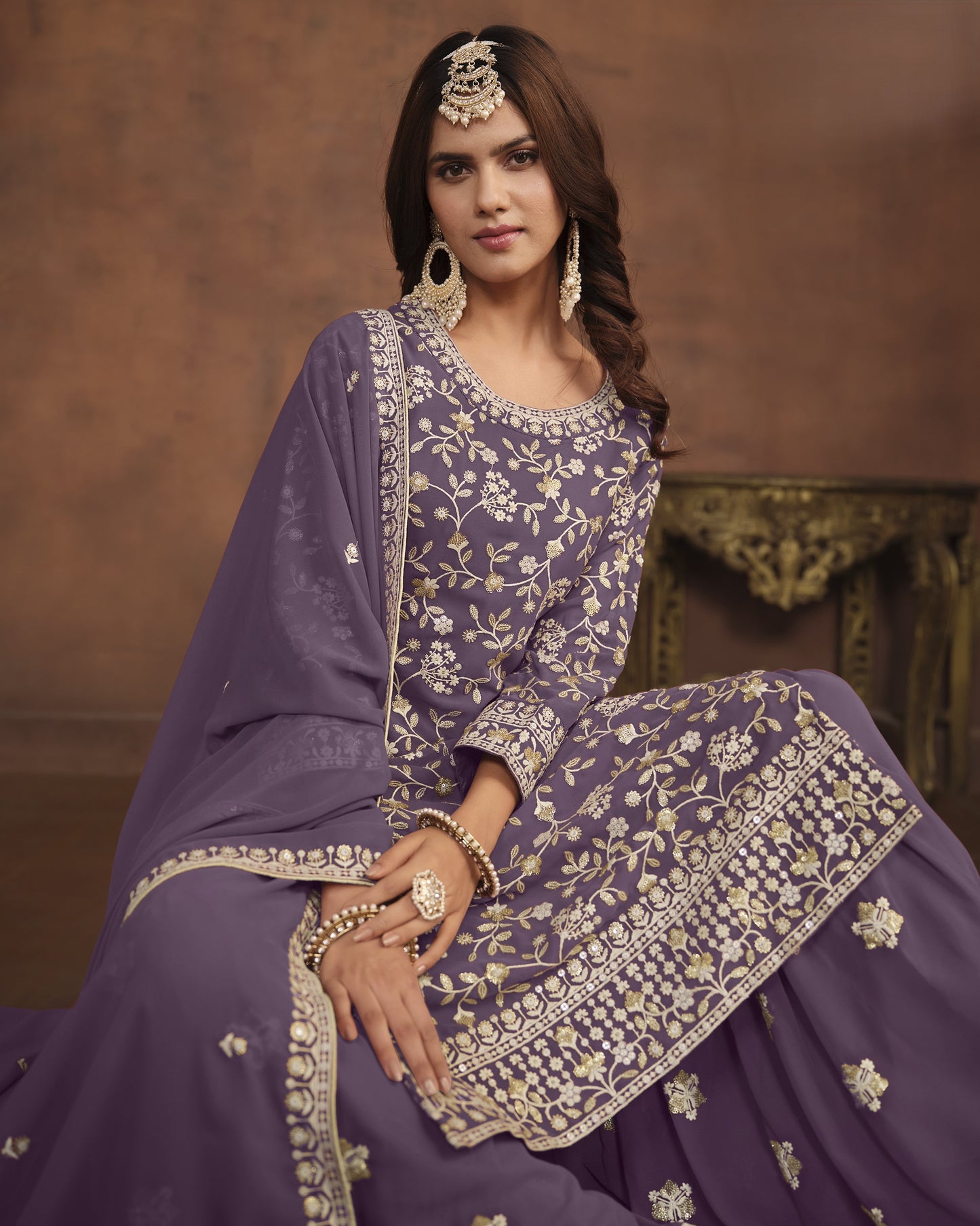 Purple Faux Georgette Sharara Suit With Kameez And Dupatta For Indian & Pakistani Wedding Festival - Thread Sequence Work