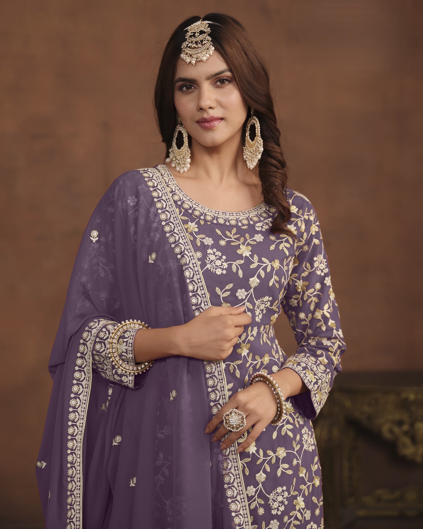 Purple Faux Georgette Sharara Suit With Kameez And Dupatta For Indian & Pakistani Wedding Festival - Thread Sequence Work