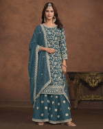 Teal Faux Georgette Sharara Suit With Kameez And Dupatta For Indian & Pakistani Wedding Festival - Thread Sequence Work