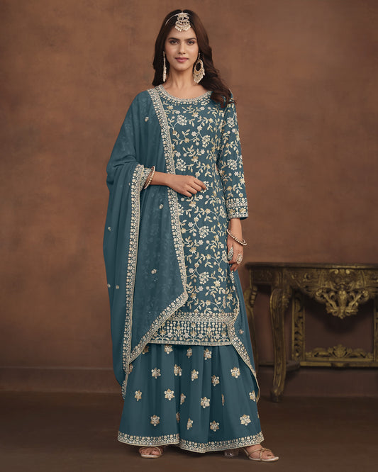 Teal Faux Georgette Sharara Suit With Kameez And Dupatta For Indian & Pakistani Wedding Festival - Thread Sequence Work