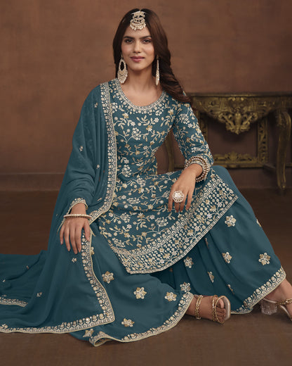Teal Faux Georgette Sharara Suit With Kameez And Dupatta For Indian & Pakistani Wedding Festival - Thread Sequence Work