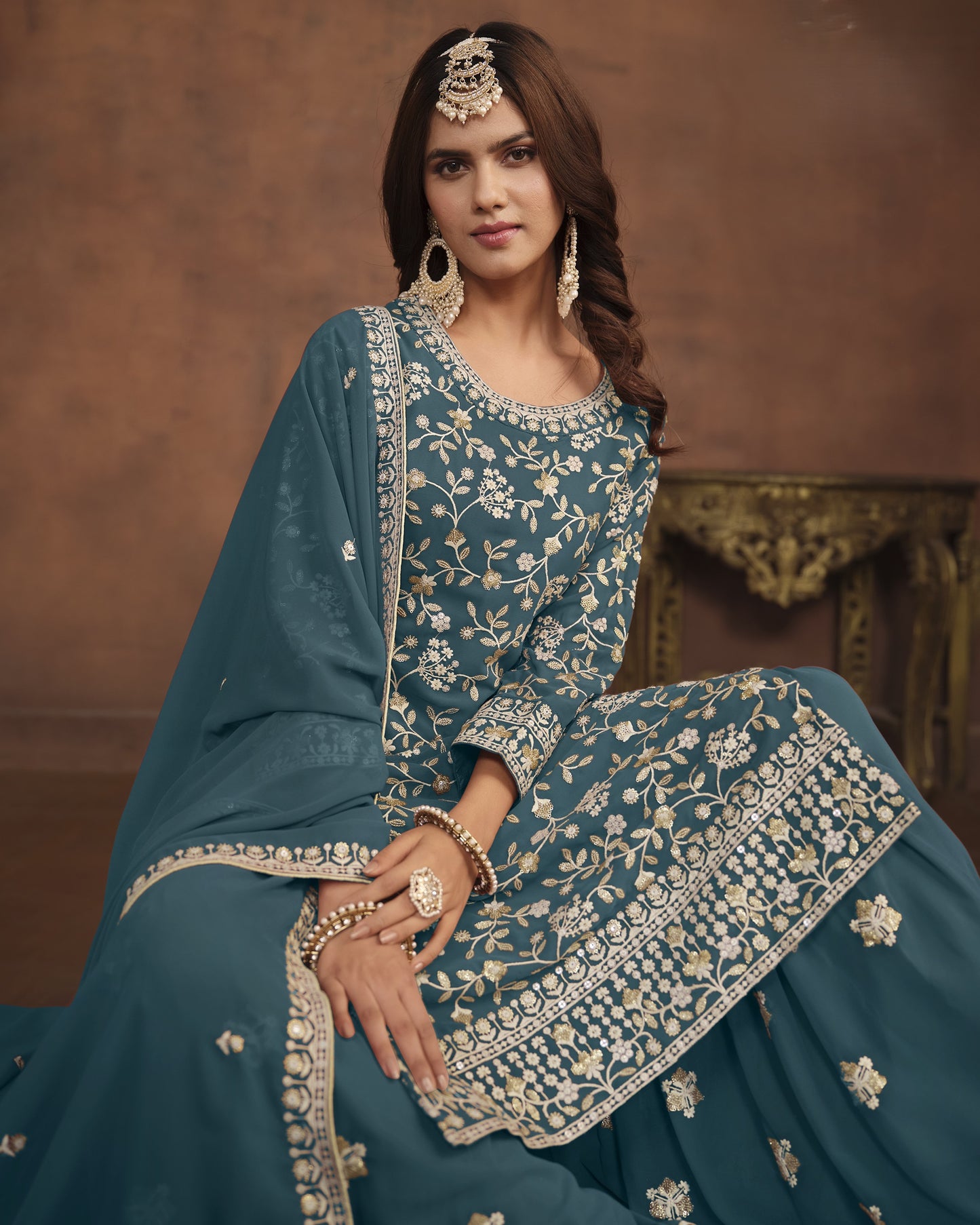 Teal Faux Georgette Sharara Suit With Kameez And Dupatta For Indian & Pakistani Wedding Festival - Thread Sequence Work