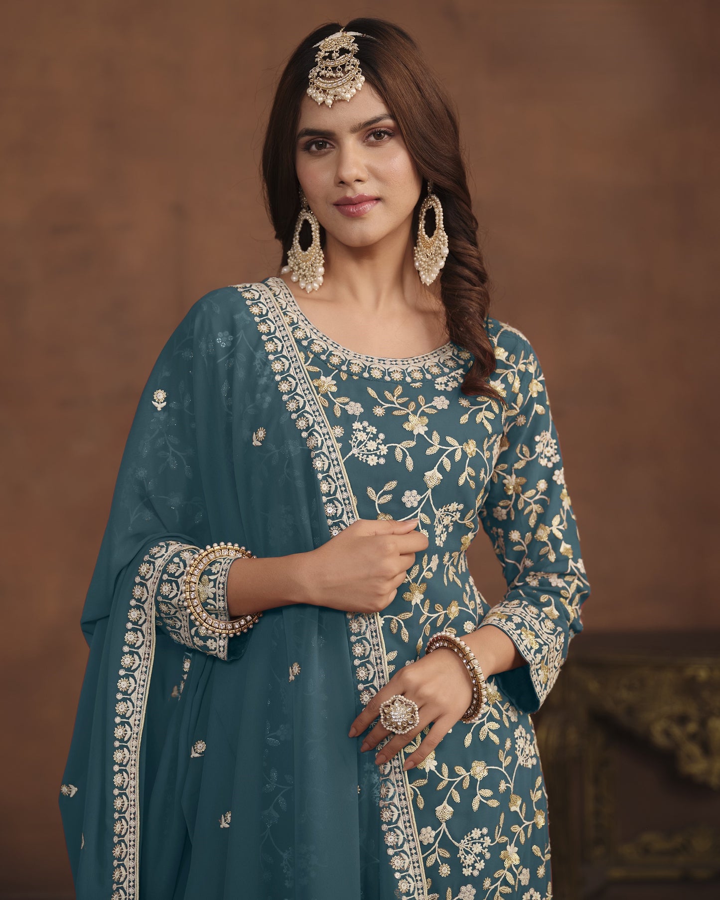 Teal Faux Georgette Sharara Suit With Kameez And Dupatta For Indian & Pakistani Wedding Festival - Thread Sequence Work