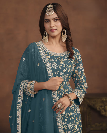 Teal Faux Georgette Sharara Suit With Kameez And Dupatta For Indian & Pakistani Wedding Festival - Thread Sequence Work
