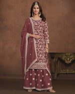 Maroon Faux Georgette Sharara Suit With Kameez And Dupatta For Indian & Pakistani Wedding Festival - Thread Sequence Work