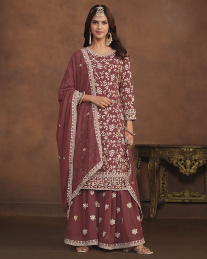 Maroon Faux Georgette Sharara Suit With Kameez And Dupatta For Indian & Pakistani Wedding Festival - Thread Sequence Work