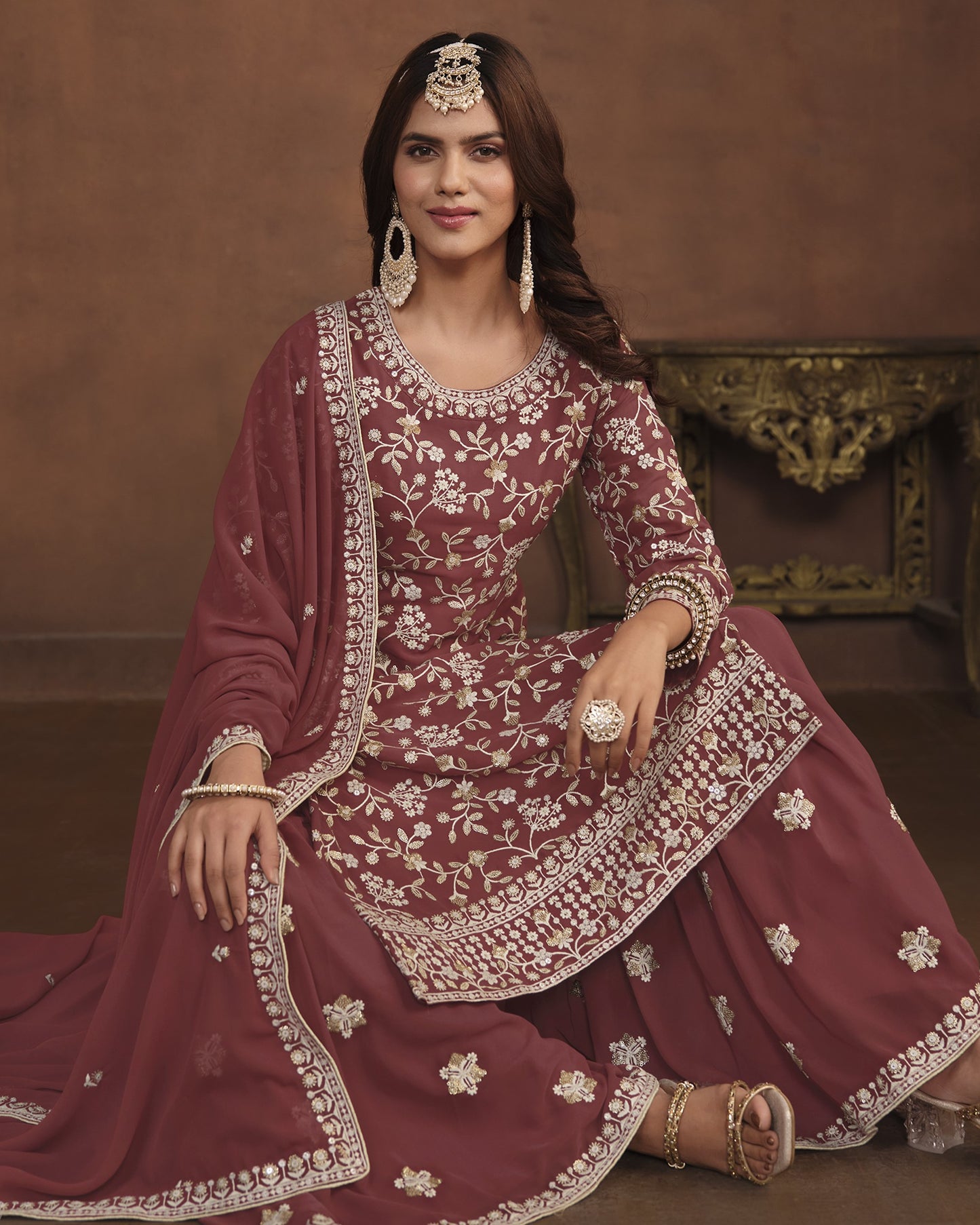 Maroon Faux Georgette Sharara Suit With Kameez And Dupatta For Indian & Pakistani Wedding Festival - Thread Sequence Work
