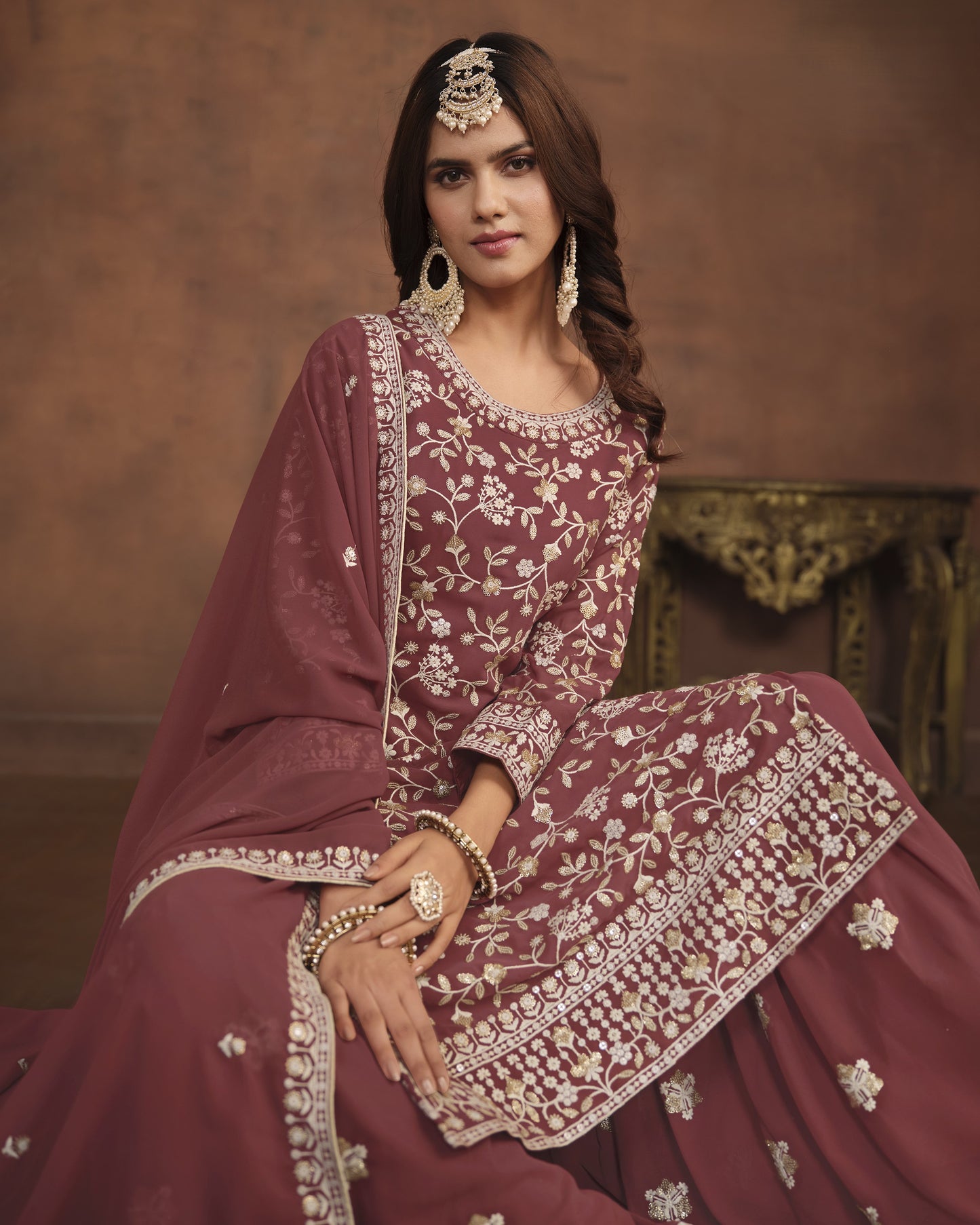 Maroon Faux Georgette Sharara Suit With Kameez And Dupatta For Indian & Pakistani Wedding Festival - Thread Sequence Work