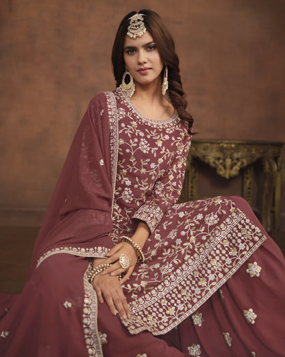 Maroon Faux Georgette Sharara Suit With Kameez And Dupatta For Indian & Pakistani Wedding Festival - Thread Sequence Work