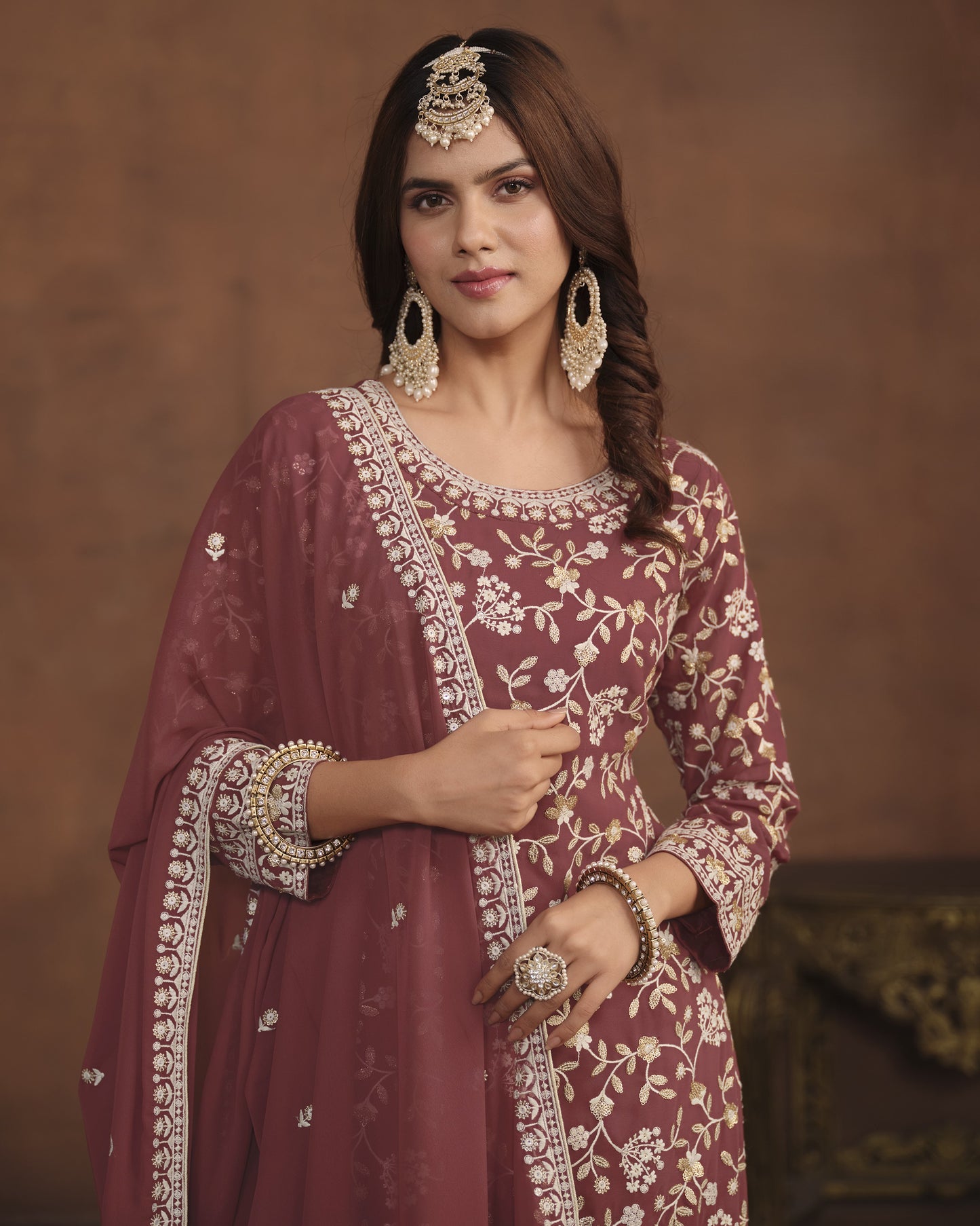 Maroon Faux Georgette Sharara Suit With Kameez And Dupatta For Indian & Pakistani Wedding Festival - Thread Sequence Work