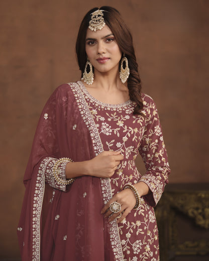 Maroon Faux Georgette Sharara Suit With Kameez And Dupatta For Indian & Pakistani Wedding Festival - Thread Sequence Work