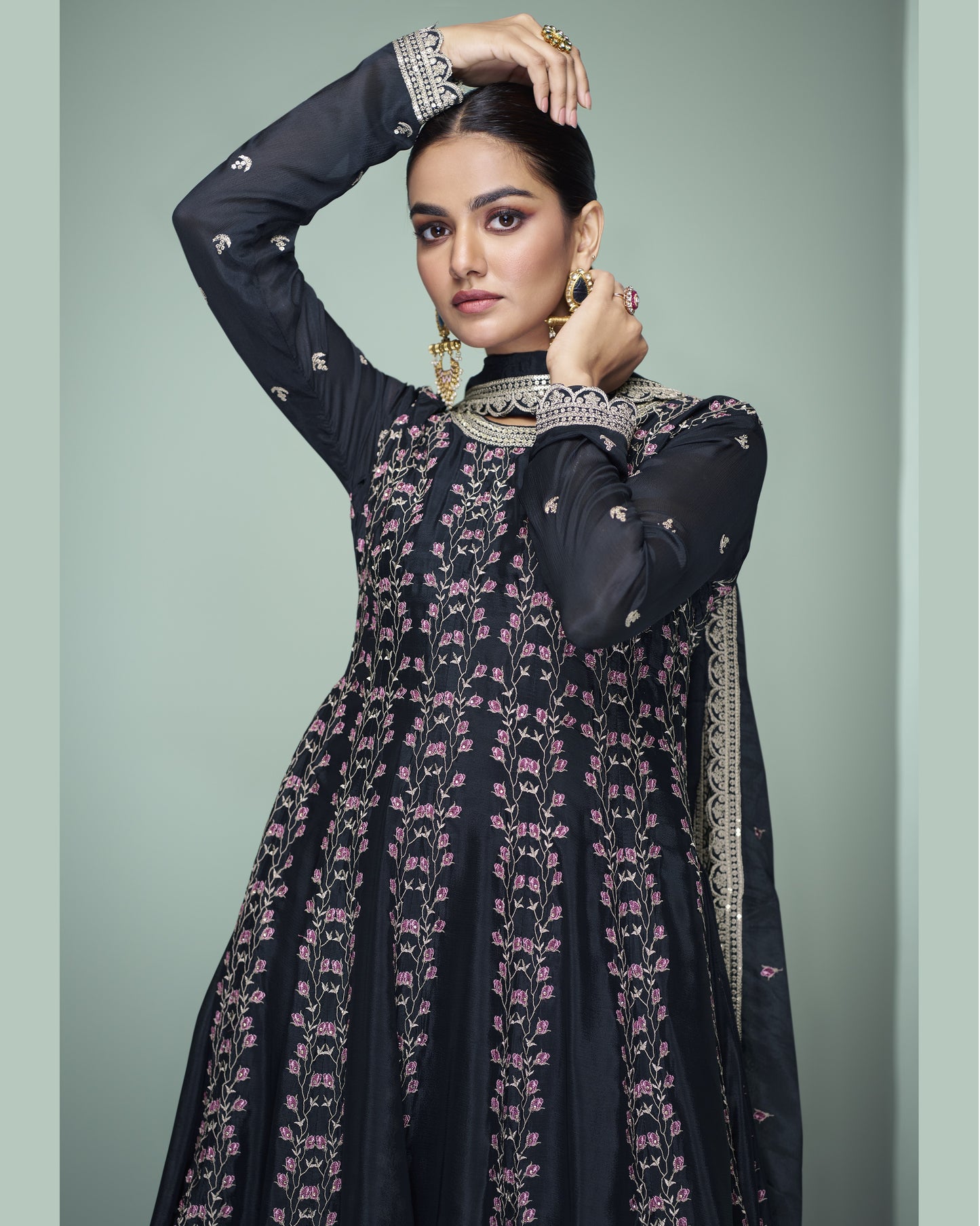 Navy Blue Chinon Silk Sharara Suit With Kameez & Dupatta For Indian & Pakistani Wedding Festival - Dori With Thread & Sequence Work