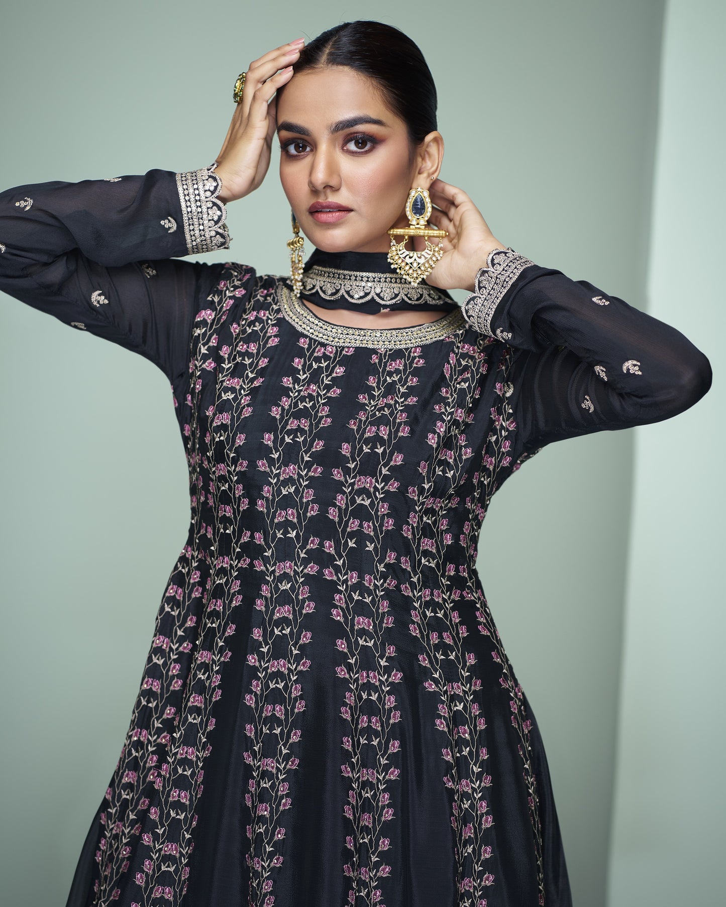 Navy Blue Chinon Silk Sharara Suit With Kameez & Dupatta For Indian & Pakistani Wedding Festival - Dori With Thread & Sequence Work