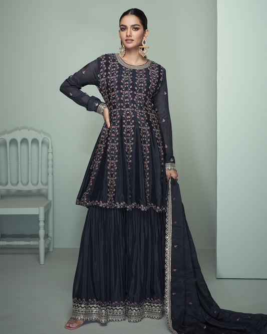 Navy Blue Chinon Silk Sharara Suit With Kameez & Dupatta For Indian & Pakistani Wedding Festival - Dori With Thread & Sequence Work