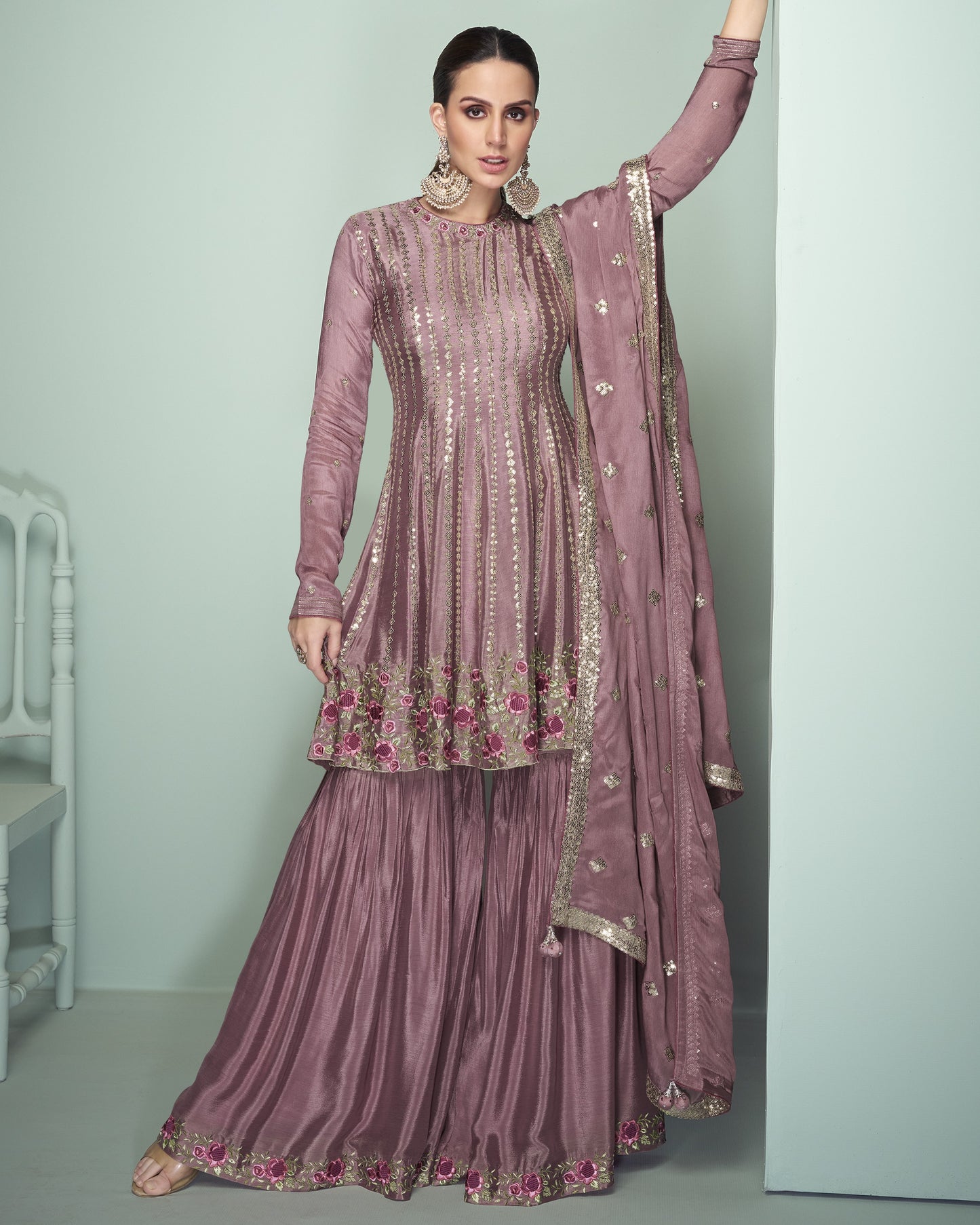 Lavender Chinon Silk Sharara Suit With Kameez & Dupatta For Indian & Pakistani Wedding Festival - Dori With Thread & Sequence Work
