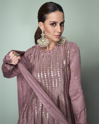 Lavender Chinon Silk Sharara Suit With Kameez & Dupatta For Indian & Pakistani Wedding Festival - Dori With Thread & Sequence Work