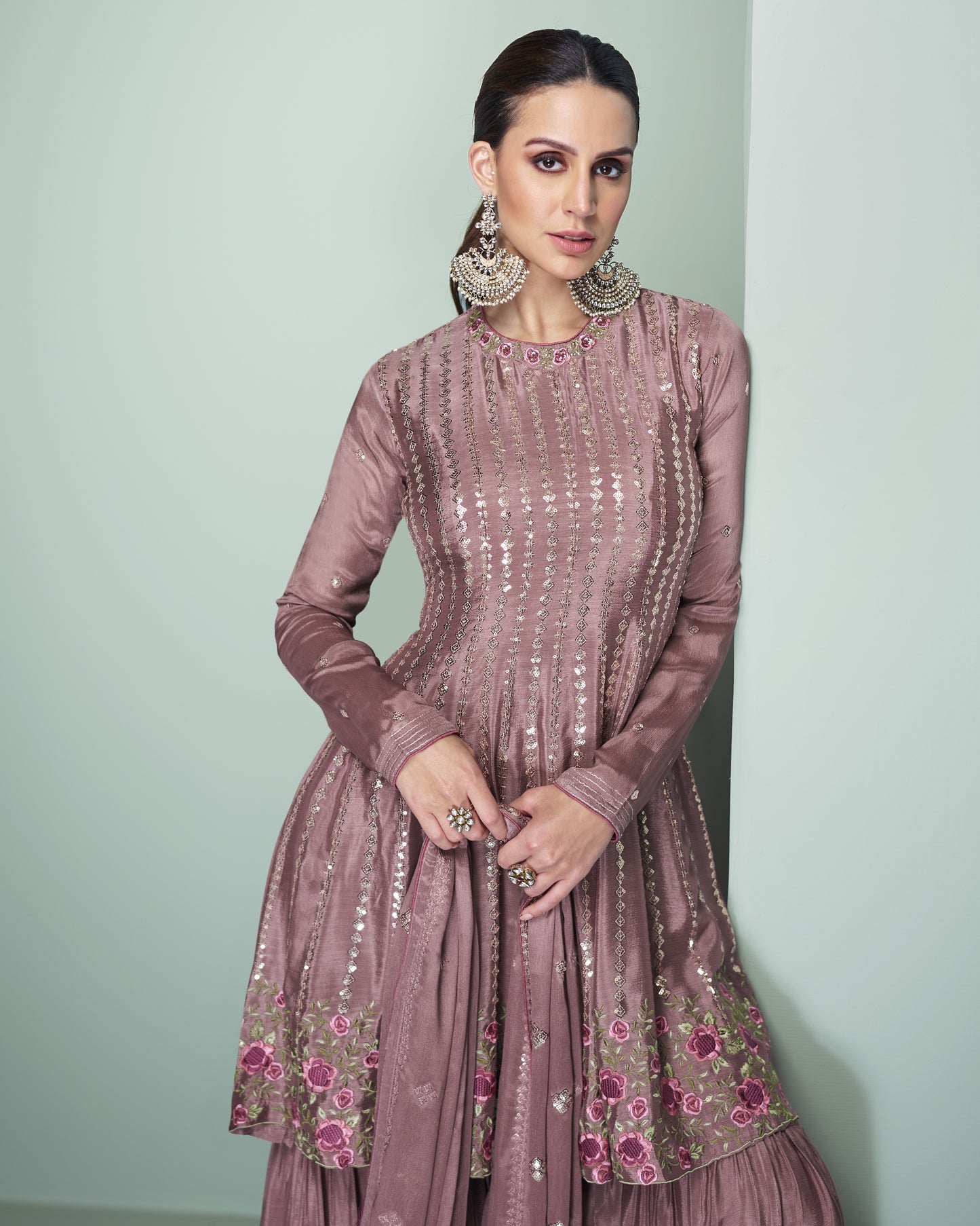 Lavender Chinon Silk Sharara Suit With Kameez & Dupatta For Indian & Pakistani Wedding Festival - Dori With Thread & Sequence Work