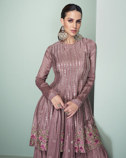 Lavender Chinon Silk Sharara Suit With Kameez & Dupatta For Indian & Pakistani Wedding Festival - Dori With Thread & Sequence Work