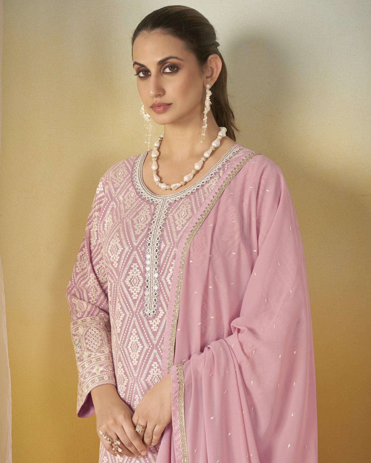 Pastel Pink Georgette Plazo Suit With Kameez & Dupatta For Indian & Pakistani Wedding Festival - Dori With Thread & Sequence Embroidery Work