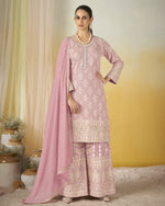 Pastel Pink Georgette Plazo Suit With Kameez & Dupatta For Indian & Pakistani Wedding Festival - Dori With Thread & Sequence Embroidery Work