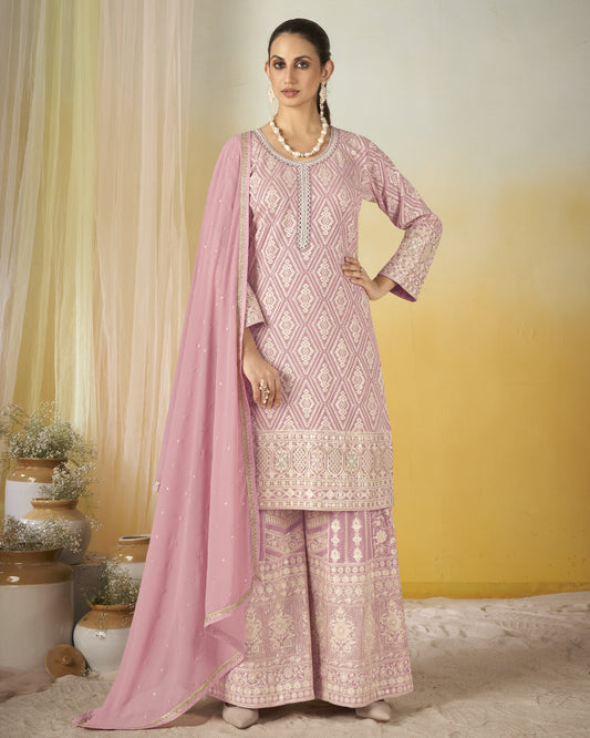 Pastel Pink Georgette Plazo Suit With Kameez & Dupatta For Indian & Pakistani Wedding Festival - Dori With Thread & Sequence Embroidery Work