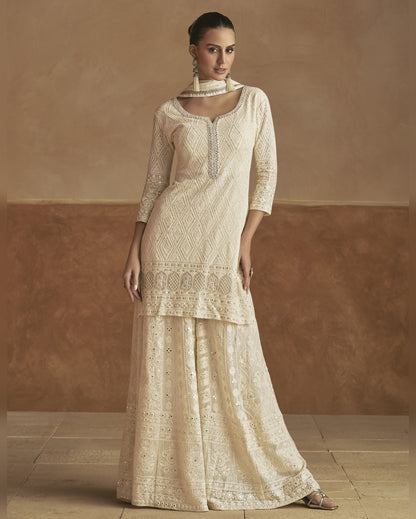 Off-White Georgette Plazo Suit With Kameez & Dupatta For Indian & Pakistani Wedding Festival - Dori With Thread & Sequence Embroidery Work