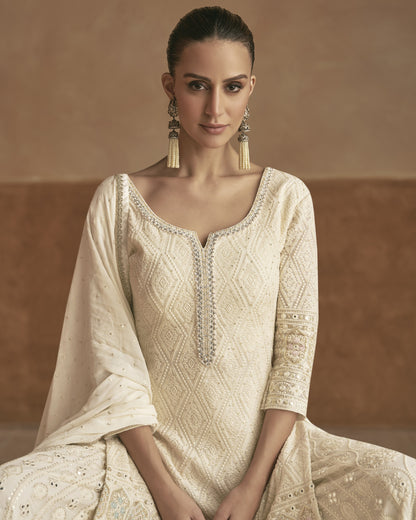 Off-White Georgette Plazo Suit With Kameez & Dupatta For Indian & Pakistani Wedding Festival - Dori With Thread & Sequence Embroidery Work