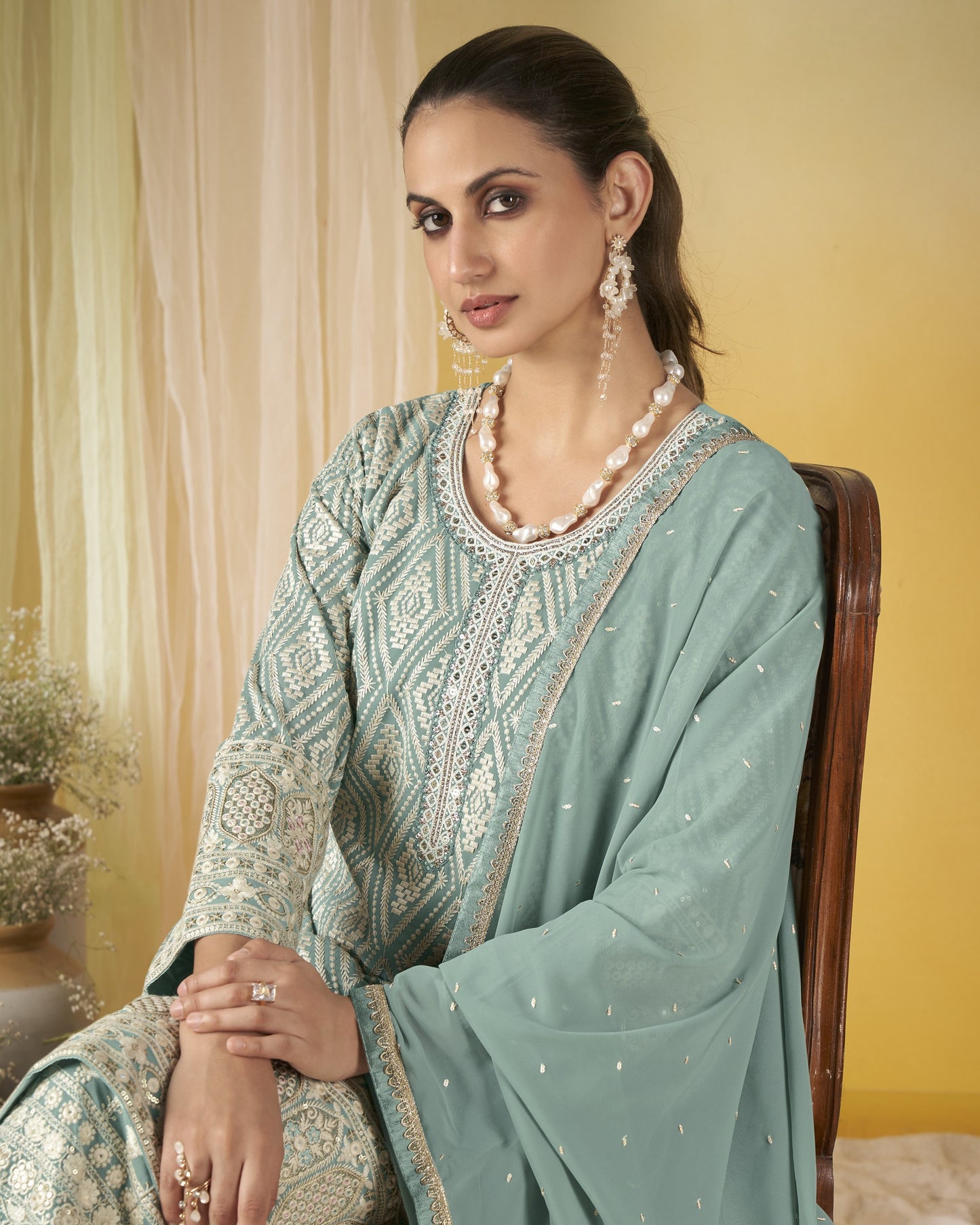 Sea Green Georgette Plazo Suit With Kameez & Dupatta For Indian & Pakistani Wedding Festival - Dori With Thread & Sequence Embroidery Work