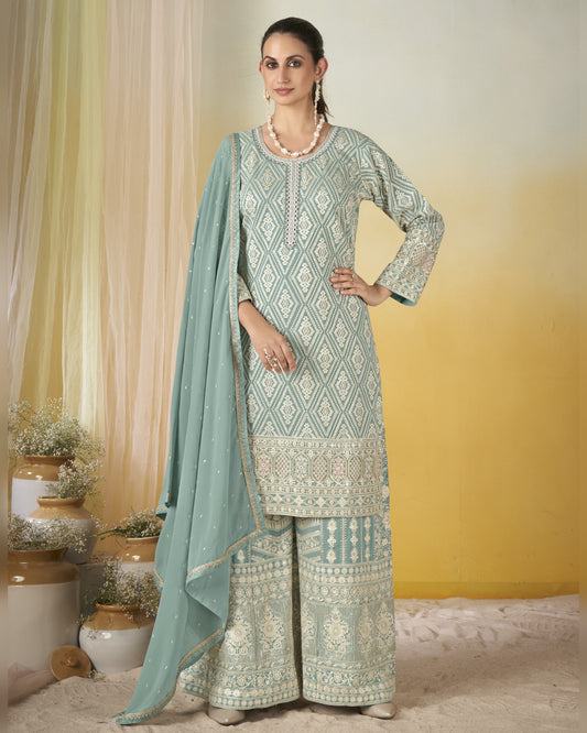 Sea Green Georgette Plazo Suit With Kameez & Dupatta For Indian & Pakistani Wedding Festival - Dori With Thread & Sequence Embroidery Work