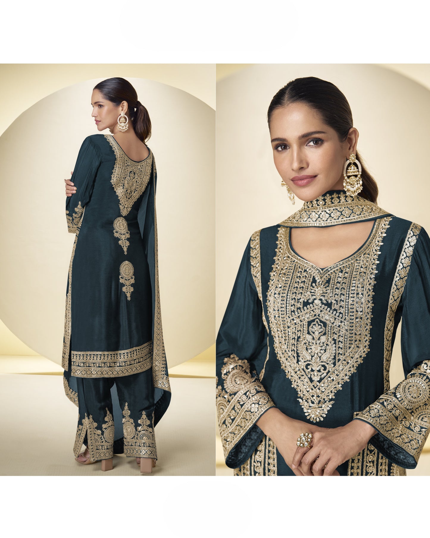 Woman wearing a dark blue embroidered traditional outfit with gold details on a beige background