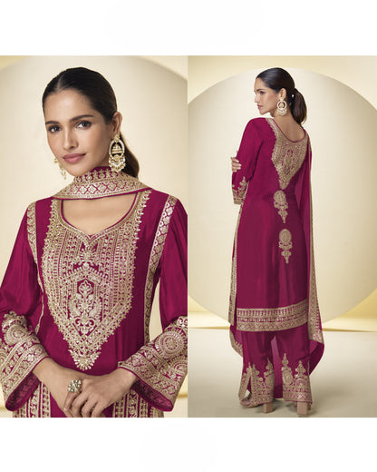 Woman wearing a magenta embroidered traditional outfit with gold details, shown from front and back.