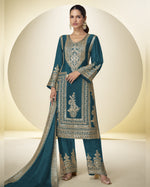 Teal Chinon Silk Salwar Suit With Kameez & Dupatta For Indian & Pakistani Wedding Festival - Dori With Thread & Sequence Embroidery Work